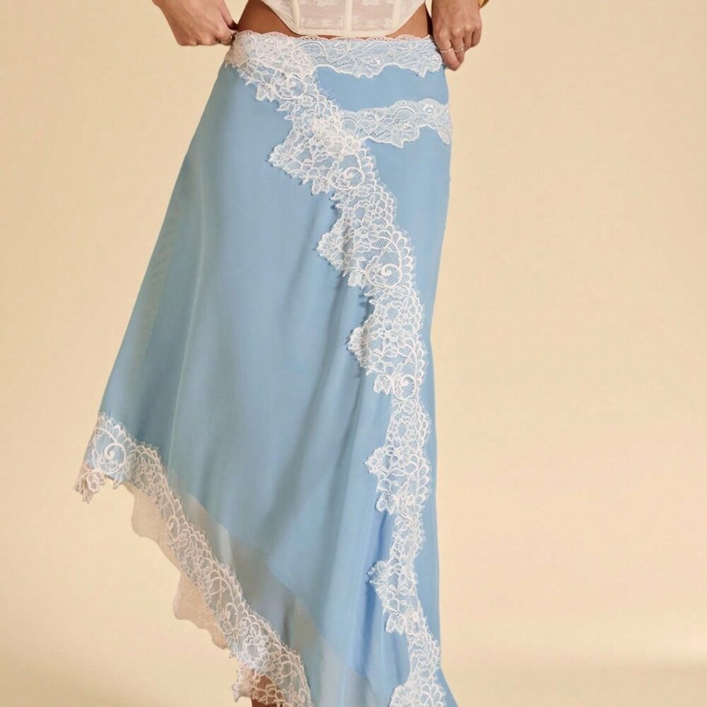 Baby Blue Elegant Women's Lace Trim Asymmetric Hem Split Chiffon Skirt - Picture 6 of 9